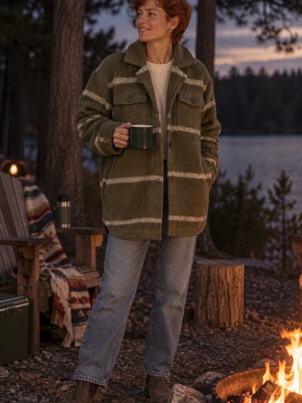 Old Navy Olive & Cream Striped Teddy Shacket